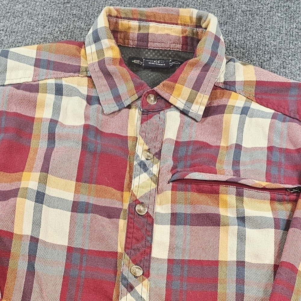 ExOfficio Mens Small Red Gold Plaid Long Sleeve Button Down Shirt Zip Pocket